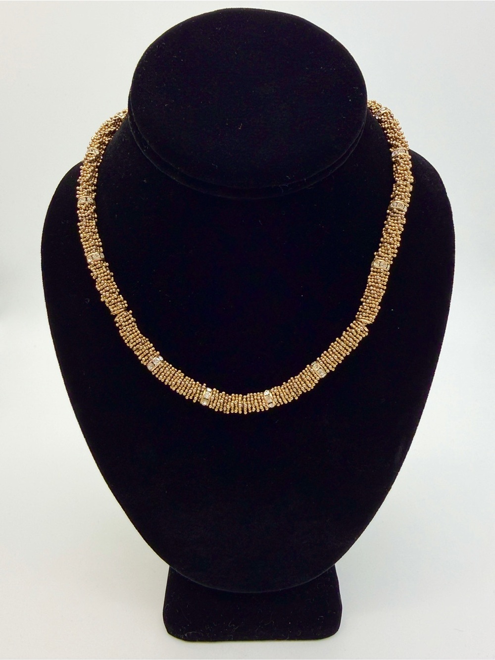 Vintage 1980s Gold Tone Beaded Rhinestone Choker Necklace